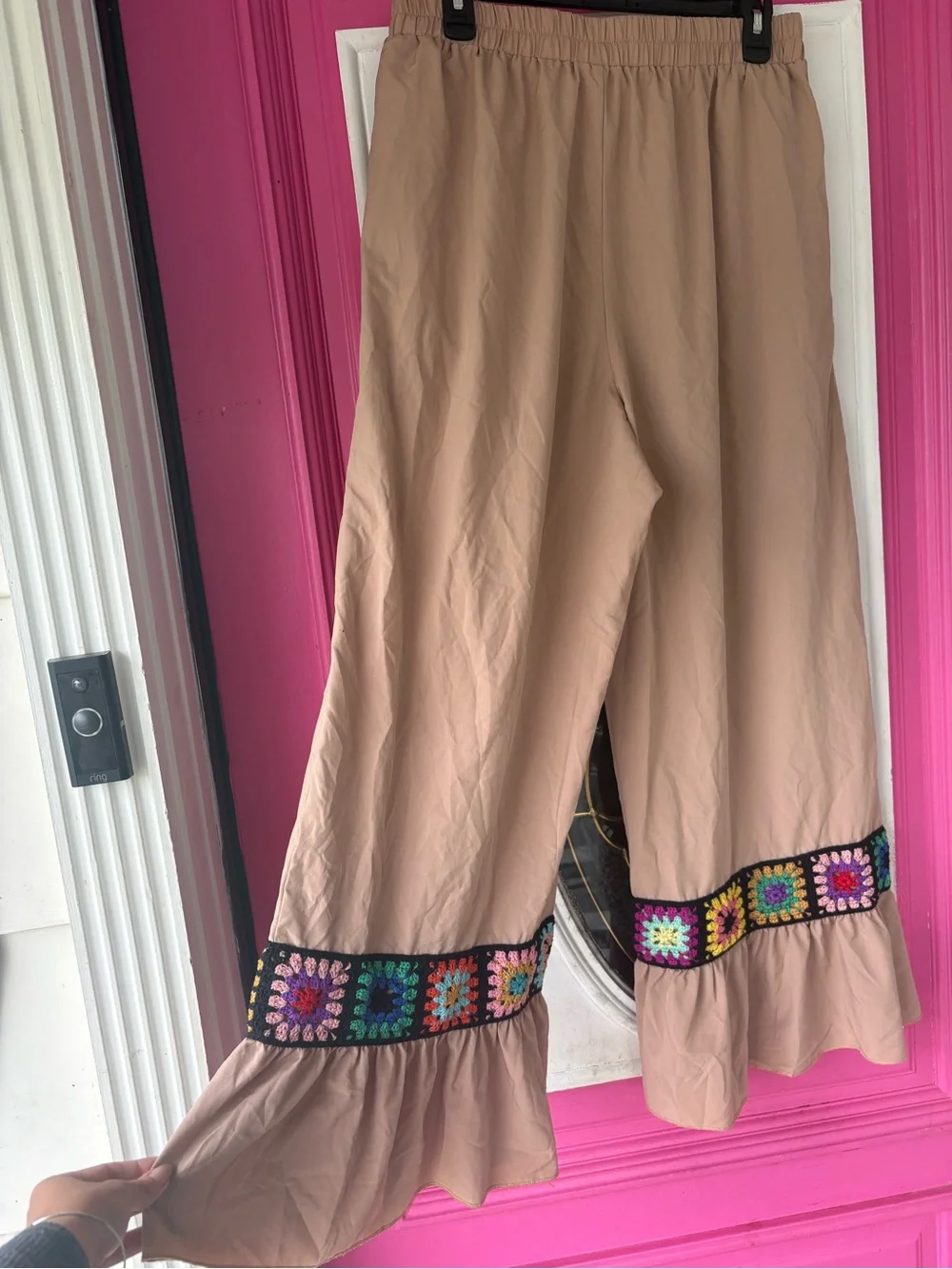 Taupe Cropped Pants with Black Multicolor Crochet Trim - Picture 2 of 7